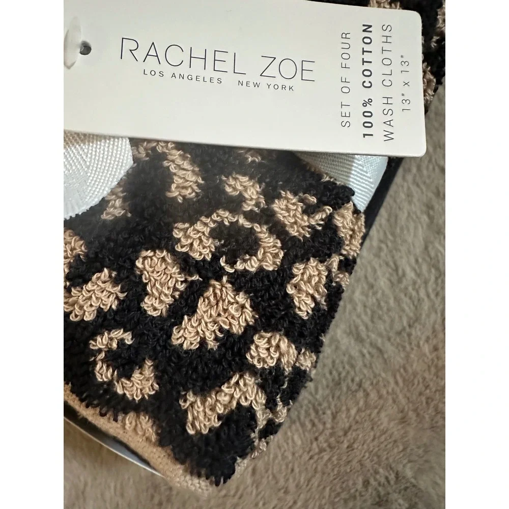 Rachel Zoe Leopard Print Towel Set 100% Cotton Black Tan Animal Print 8 Piece
